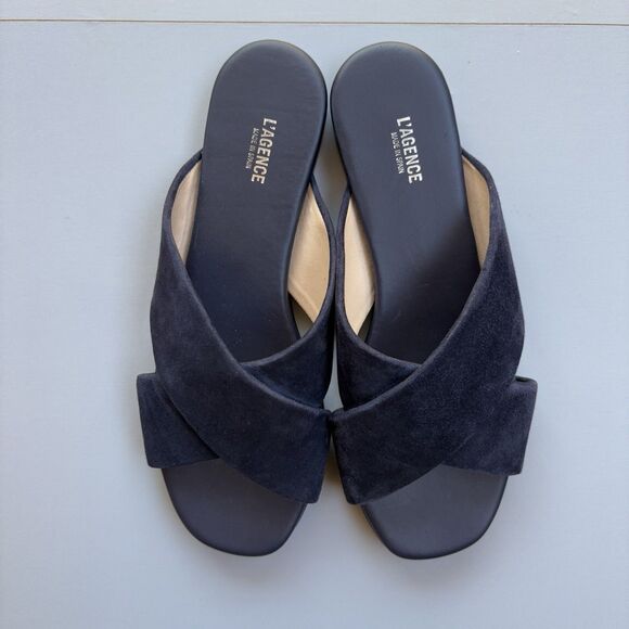 L'AGENCE Camila Slide Sandals Crossover 37 (US 7) Navy Blue Suede Leather Costal - Picture 3 of 9